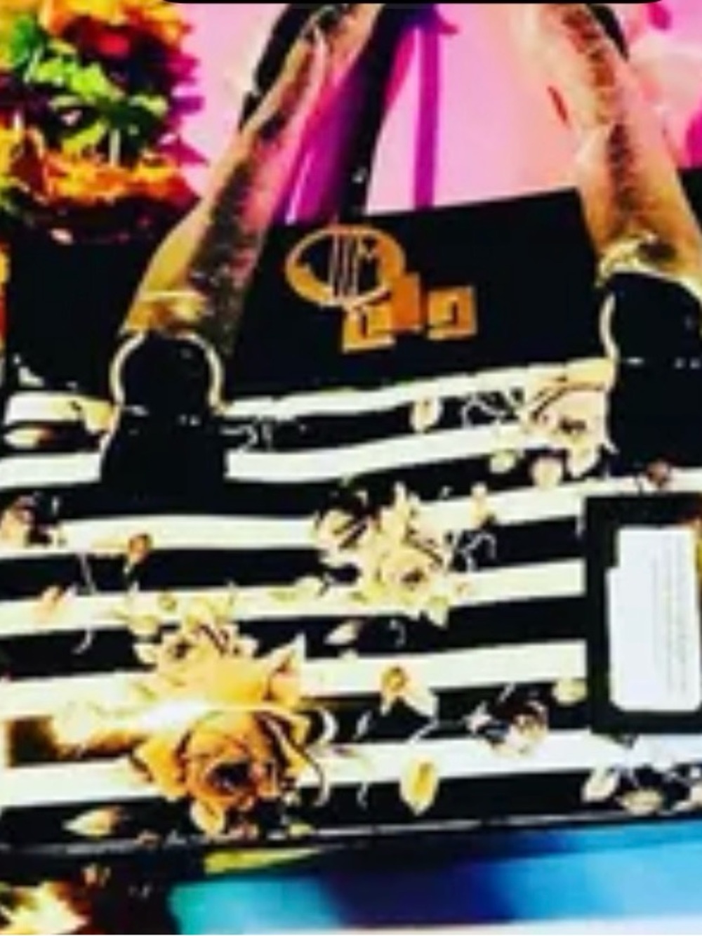 Julia Michaels Black & White Striped Floral Tote with Gold Accents